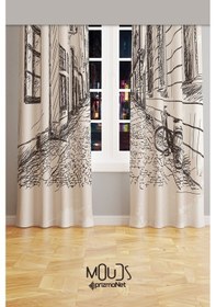 Resim Sokak Eskiz Desenli Süet Oturma Odası Salon Fon Perde Baskılı Ekstrafor Büzgü 2 Kanat Prd-1046 Çok Renkli 