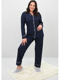 Resim Kadın Büyük Beden Uzun Kollu Önden Düğmeli Pijama Takımı 4234-25 Çok Renkli 