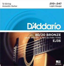 Resim D'Addario EJ36 80/20 Bronze 12 Telli Akustik Gitar Teli - Light (10-47) 
