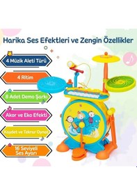 Resim Işıklı Piyanolu Bateri Seti - Mikrofonlu, Tabureli Ve Mp3 Bağlantılı Çocuk Müzik Eğitim Seti 