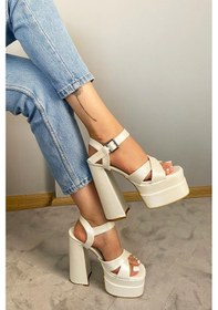 Resim Kadın Elina Sedefli Beyaz Çapraz Bantlı 15 Cm Platform Topuklu Ayakkabı Beyaz 1 
