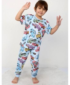 Resim Erkek Çocuk %100 Pamuk Baskılı Pijama Takımı Kısa Kollu, Sevimli Desenler Mavı 