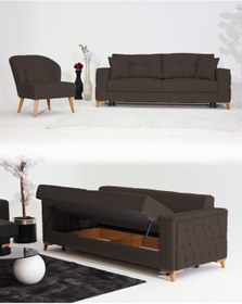 Resim Velura Home & Living Nola Koltuk Takımı 3+1 & Bazalı Yataklı Koltuk & Kanepe - Keten Kahverengi 