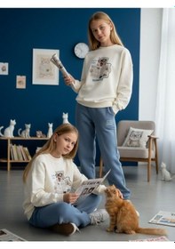Resim Kız Çocuk Kedi Baskılı Oversize Tasarım Sweatshirt-16487 Ekru 