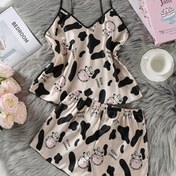 Resim Gençlik İnek Baskılı Pijama ve Askılı Şortlu Günlük Ev Pijama Takımı 
