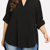 Resim Kadınların Büyük Beden Rahat V-Yaka Gömlekleri - Bol Kesim, Yarım Kollu, Düz Siyah, Asimetrik Etek ve Yan Cep Detaylı, Rahat Polyester Karışımı, Günlük Kullanıma Uygun, Her Gün Rahat Giyim | V-Yaka Bluz | Parlak Dokulu, Bayan Gömlekleri 