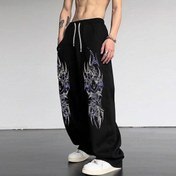 Resim Erkekler için Gotik Koyu Tarz Gevşek Kesim Düz Bacaklı Pantolon, İncelikli Kanatlı Figür Tasarımı - Siyah Rahat Dış Mekan ve Kampüs Modası Pantolon, Tüm Mevsim Konforu, Bağcıklı Bel, Rahat Giyim | Gotik Tarz Pantolon | Dayanıklı Kumaş, Gotik Pantolon, Spor Salonu Jogger Erkekler, Spor Salonu Pantolon Erkekler, Erkekler Spor Pantolon, Erkekler Pantolon, Erkekler Pantolon, Erkekler Jogging Pantolon, Bol Pantolon Erkekler 