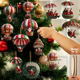 Resim 2D Düz, 12 Parça Ahşap Asılı Süs Seti Hareketli Noel Baba & Sıcak Hava Balonları ile - 2D Düz Yeni Yıl, Sevgililer Günü veya Doğum Günü İçin Kırmızı/Beyaz/Yeşil/Altın Renklerdeki Kalp&Yıldız Şeklinde Zarif Ağaç ve Ev/Açık Alan Süslemeleri ile Askı İplerine Takılarak Kolayca Monte Edilen Dayanıklı Tahta Malzeme Canlı Rengârenktir. Bu üründe ifade dolu yüzlü balon-stili süs eşyalar, şekerleme ağacı asma dekorasyonları, 