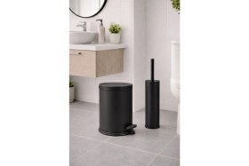Resim Mat Siyah Banyo Seti, Metal Çöp Kovası ve Wc Fırçası Takımı 