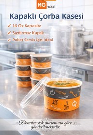 Resim VENON 25 Adet ÇORBA KASE KLASİK 16 Oz Karton Kağıt Yemek Kasesi Kullan At Plastik Kapaklı (SIZDIRMAZ) 