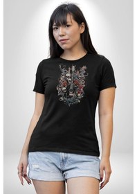 Resim Gitar Kafatası Güller Doğa Uyumu Unisex Unisex Siyah Organik Baskılı T-shirt Penye Yüksek Kalite Siyah 