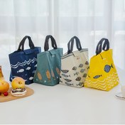 Resim Kadınlar için Günlük Balık Baskılı Öğle Yemeği Tote Çantası Sabit Omuz Askılı & Çıtçıt Kapamalı - İş, Piknikler İçin Dayanıklı Polyester El Çantası - Sarı, Şık Yemek Taşıyıcı 
