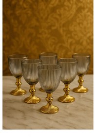 Resim 6 Lı Kristal Cam Platin Kaplama Kahve Yanı Su Bardağı Kadeh Kupa Bardak 75ml Gold - Şeffaf 