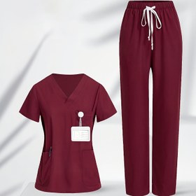 Resim Kadınların Rahat Katı Renkli Bölünmüş Kısa Kollu Nefes Alabilen V-Yaka Çok Cepli Uygun Düğmeli Bel İş Giyim Uniform Üst ve Düz Bacak Pantolon İki Parça Set 