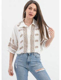 Resim Antik Desenli Kolları Püsküllü Gömlek - Kahverengi-kahverengi Kahverengi 