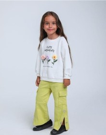 Resim Kız Çocuk Örgü Çiçek Desenli Sweatshirt-14297 Beyaz 