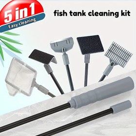 Resim 3in 1/5in 1 Çok Amaçlı Akvaryum Temizleme Kiti - Alga Temizleme, Çakıl Kazıma ve Ağı Balıkçılığı için Paslanmaz Çelik ve Reçine Araçlar | Çakıl Kazıma, Ağı Balıkçılığı ve Balık Tankları ve Pencereleri Kolay, Ölü Bölmeleri Temizlemek İçin Düz Temizleyici, Dik Açı Fırçası, Kazıma Bıçağı, Çakıl Kazıyıcı ve Ağı İçerir 