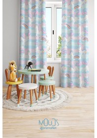 Resim Mavi Unicorn Desenli Fon Perde Çocuk Ve Bebek Odası Süet Baskılı Ekstrafor Büzgü 2 Kanat Prd-47 Çok Renkli 