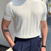 Resim Erkekler için Rahat Örme Kısa Kollu ve Yuvarlak Yaka T-Shirt, Yaz için Moda Çukur Şerit Tasarım Örgü Kazak 