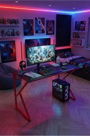 Resim YüceerHome Redline Vortex Oyuncu Masası 120X60 cm Antrasit – Kırmızı Metal Ayaklı Gaming Desk 