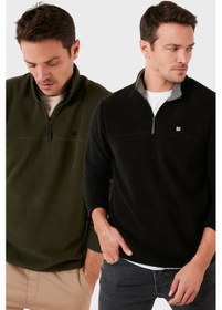 Resim Buratti Slim Fit Anti-Pilling Tüylenme Yapmayan Bato Yaka Şardonlu 2'Li Paket Erkek Polar 5906001S2 Haki-Siyah 