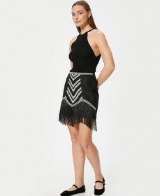 Resim Koton Püsküllü Keten Mini Etek Desenli Şerit Detaylı Siyah 4sak70205ew Siyah 