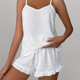 Resim Kadın Siyah Omuzlu Pijama Takımı - Rahat, Günlük Stil, Büzgülü Şortlar, Polyester Kumaş, Bahar/Yaz/Sonbahar İçin Mükemmel, Rahat Kesim, Günlük Giyim | Büzgülü Şortlar | Polyester Kumaş 