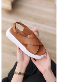 Resim Hakiki Deri Kalın Bantlı Topuk Detaylı Platform Topuklu Ortopedik Tasarım Kadın Sandalet Terlik Kahverengi 