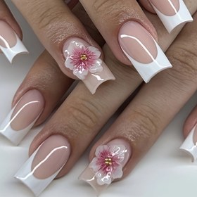 Resim 10-Lu Pres-On Tırnaklar, El Yapımı Tam Kapatma Fransız Ucu, Kare Orta Uzunluk, 3D El Boyama Çiçek Tasarımı, Mat ve Parlak Bitir, Pembe ve Beyaz, Ördek Gagalı Şekil, Güzellik ve Kişisel Bakım için Tırnak Sanatı Aksesuarları 