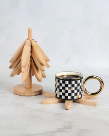 Resim 4'lü Standlı Ahşap Nihale - Bambu Nihale - Pratik Katlanır Nihale - Bambu Bardak Altlığı Açık Kahverengi 