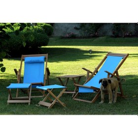 Resim Mavi Ayak Uzatma Tabureli Katlanır 2li Ceviz Rengi Ahşap Şezlong 