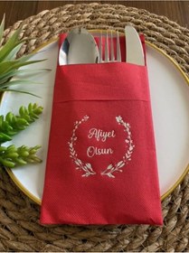 Resim Gümüş Yaldızlı Kırmızı Afiyet Olsun Cepli Peçete 12 lı 40x40 