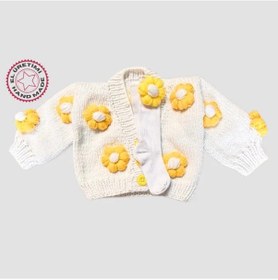Resim Uretti - Gülnur 2184 - El Örgüsü Çiçek Motifli Çoraplı Kız Çocuk Hırka 3 Yaş - Beyaz Beyaz 