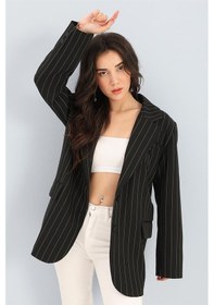 Resim Blazer Ceket Çizgili Atlas Kumaş - Siyah-siyah Siyah 