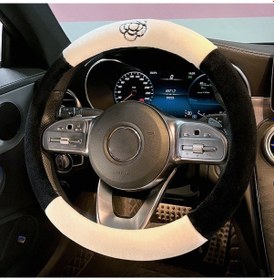 Resim Sones Yuvarlak Stil Araba Evrensel Kamelya Desenli Peluş Sıcak Kaymaz Direksiyon Kapağı, Çap: 38cm 