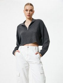 Resim Koton Yarım Fermuarlı Sweatshirt Crop Uzun Kollu Antrasit 4sak10226ek Antrasit 