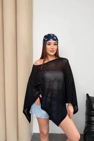 Resim Lusin Kadın Siyah Kayık Madonna Yaka Panço Görünümlü Şık Oversize Yazlık Mevsimlik File Bluz 
