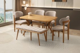 Resim Rüya Sabit Masa Ahşap Ayak 4 Adet Ahşap Nergis Sandalye 1 Ahşap Bench Ahşap 