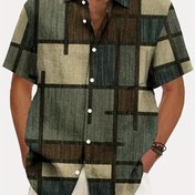 Resim Erkekler için Retro Geometrik Renk Bloklu 3D Baskılı Göğüs Cebi Düğmeli Gömlek - Kısa Kollu, Polyester, Yazlık Günlük Giyim Yeşil, Bej & Kahverengi, Yazlık Rahat Gömlek | Göğüs Cebi Tasarımı | Makinede Yıkanabilir Gömlek, BÜYÜK BEDEN 