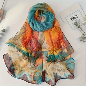 Resim Kadınlar için Şık Bohem Baskılı Şal - Mavi, Turuncu, Sarı ve Yeşil Renklerde Canlı Soyut Tasarım, Hafif Polyester, Plaj ve Günlük Geziler için Mükemmel, Ona İdeal Hediye, Plaj Aksesuarı | Bohem Tarzı | Canlı Baskı, Plaj Şalı 