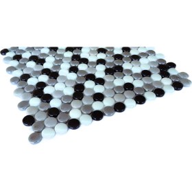 Resim MozaiKristaL Yaşam Alanlarının Tüm Yüzeyleri Için Cam Mozaik. Cam Ölçüsü: 22 Ø Mm. File Ölçüsü: 31.5X31.5 Cm. Renk: Beyaz-Siyah-Füme-Gri Mix. (1 Koli=1 File Karo=1 M2 Fiyatıdır) 