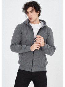 Resim Barlashive Erkek 3 İplik Pamuklu Fermuarlı Kapüşonlu Kanguru Cepli Hoodie Hırka Sweatshirt - Füme Çok Renkli 