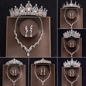 Resim 3 Adet Vintage Bling Bling Taşlı Süsleme Seti Parıldayan Taç Baş Bandı Zarif Kolye Küpe Banket Düğün Giyim İçin Uygun 