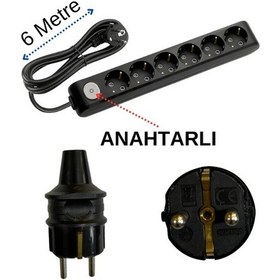 Resim Avarson 6'lı Altılı Priz Topraklı Anahtarlı Kablolu Siyah 3x1,5 Ttr 6 Altı Metre 