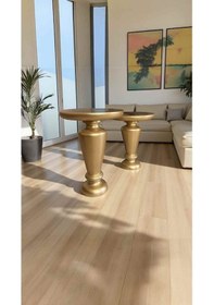 Resim Altın Varakl Renk Ahşap Mantar Sehpa 2 Li Set Yan Sehpa Takımı - Wooden Mushroom Coffee Table Altın 