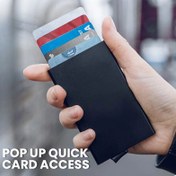 Resim Ultra İnce Pop-Up Cüzdan RFID Engelleme - Erkekler ve Kadınlar için Minimalist Kredi Kartı Tutucu, Siyah Alüminyum Kılıf, 6 Kartlık, Güvenli Çift Silikon Şerit, Günlük Kullanım için Kompakt Tasarım, Seyahat Aksesuarı | Şık Aksesuar 