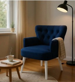 Resim Waterybrook Tekli Berjer Koltuk - Kapitoneli Babyface Kumaş - Beyaz Ahşap Ayaklı - Retro Modern Tasarım Lacivert 