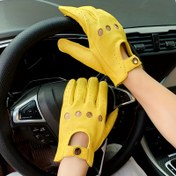 Resim Erkekler için Parlak Sarı Gerçek Koyun Derisi Eldivenleri - Dört Mevsim Nefes Alabilir Tasarım, Çıtçıtlı Kapama, Havalandırma ve Konfor için Delikli, Sürüş & Bayramlık Etkinlikler (Ay Yeni Yılı, Paskalya, Karnaval) İçin İdeal, Tüm Sezonlara Uygun, Şık El Giyimi, Dayanıklı El Aksesuarı, Stil Sahipli Profesyoneller 