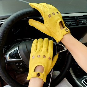 Resim Erkekler için Parlak Sarı Gerçek Koyun Derisi Eldivenleri - Dört Mevsim Nefes Alabilir Tasarım, Çıtçıtlı Kapama, Havalandırma ve Konfor için Delikli, Sürüş & Bayramlık Etkinlikler (Ay Yeni Yılı, Paskalya, Karnaval) İçin İdeal, Tüm Sezonlara Uygun, Şık El Giyimi, Dayanıklı El Aksesuarı, Stil Sahipli Profesyoneller 