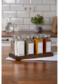 Resim 8'li Ahşap Standlı Cam Baharatlık Seti Gümüş Kapaklı Beyaz Etiketli Baharatlık Takımı Mh01slvr08 Beyaz - Şeffaf 